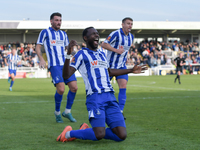 Mani Dieseruvwe of Hartlepool United celebrates after scoring to put Hartlepool United 3-2 up during the Vanarama National League match betw...