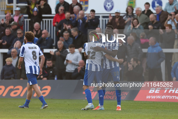 Mani Dieseruvwe of Hartlepool United celebrates with Joe Grey after scoring during the Vanarama National League match between Hartlepool Uni...