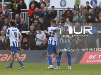 Mani Dieseruvwe of Hartlepool United celebrates with Joe Grey after scoring during the Vanarama National League match between Hartlepool Uni...