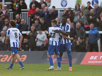 Mani Dieseruvwe of Hartlepool United celebrates with Joe Grey after scoring during the Vanarama National League match between Hartlepool Uni...