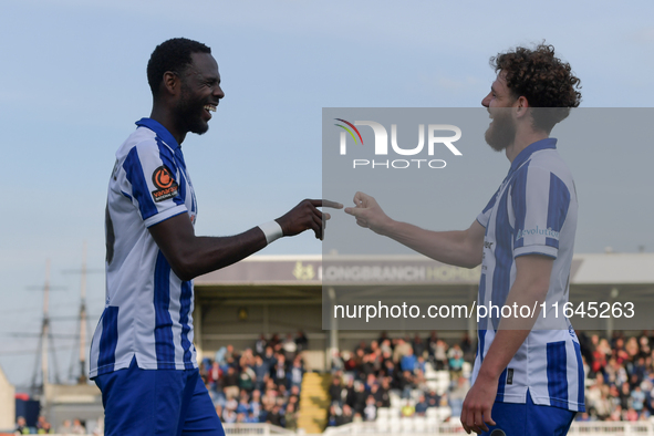 Mani Dieseruvwe of Hartlepool United celebrates with Anthony Mancini after scoring to give them a 3-2 lead during the Vanarama National Leag...