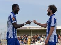 Mani Dieseruvwe of Hartlepool United celebrates with Anthony Mancini after scoring to give them a 3-2 lead during the Vanarama National Leag...