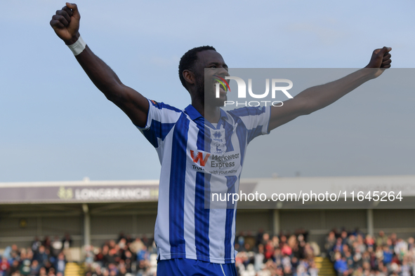 Mani Dieseruvwe of Hartlepool United celebrates after scoring to put Hartlepool United 3-2 up during the Vanarama National League match betw...