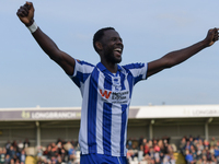 Mani Dieseruvwe of Hartlepool United celebrates after scoring to put Hartlepool United 3-2 up during the Vanarama National League match betw...