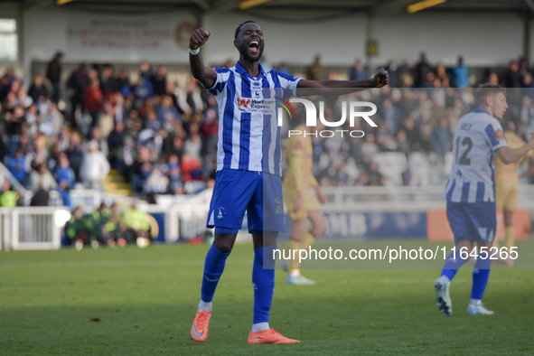 Mani Dieseruvwe of Hartlepool United celebrates after scoring and completing his hat trick during the Vanarama National League match between...