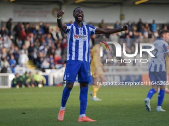 Mani Dieseruvwe of Hartlepool United celebrates after scoring and completing his hat trick during the Vanarama National League match between...