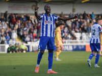 Mani Dieseruvwe of Hartlepool United celebrates after scoring and completing his hat trick during the Vanarama National League match between...