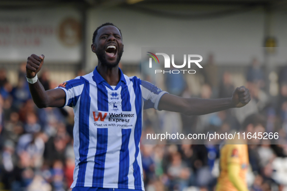 Mani Dieseruvwe of Hartlepool United celebrates after scoring and completing his hat trick during the Vanarama National League match between...