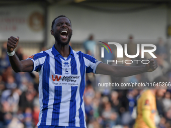 Mani Dieseruvwe of Hartlepool United celebrates after scoring and completing his hat trick during the Vanarama National League match between...