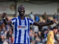 Mani Dieseruvwe of Hartlepool United celebrates after scoring and completing his hat trick during the Vanarama National League match between...