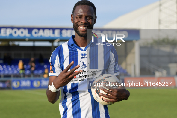 Mani Dieseruvwe of Hartlepool United celebrates with the match ball after completing his hat trick during the Vanarama National League match...