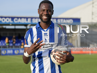 Mani Dieseruvwe of Hartlepool United celebrates with the match ball after completing his hat trick during the Vanarama National League match...