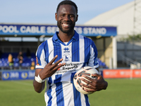 Mani Dieseruvwe of Hartlepool United celebrates with the match ball after completing his hat trick during the Vanarama National League match...