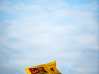 AS Roma fans wave a flag before the Serie A match between Monza and AS Roma at U-Power Stadium in Monza, Italy, on October 6, 2024. (