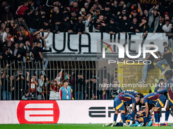 AS Roma players celebrate a goal during the Serie A match between Monza and AS Roma at U-Power Stadium in Monza, Italy, on October 6, 2024....