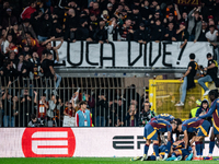 AS Roma players celebrate a goal during the Serie A match between Monza and AS Roma at U-Power Stadium in Monza, Italy, on October 6, 2024....