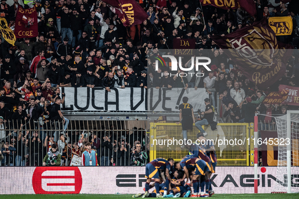 AS Roma players celebrate a goal during the Serie A match between Monza and AS Roma at U-Power Stadium in Monza, Italy, on October 6, 2024. 