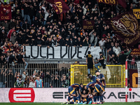 AS Roma players celebrate a goal during the Serie A match between Monza and AS Roma at U-Power Stadium in Monza, Italy, on October 6, 2024....