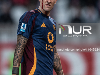 Gianluca Mancini of AS Roma is injured during the Serie A match between Monza and AS Roma at U-Power Stadium in Monza, Italy, on October 6,...