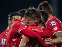 Daniel Maldini of AC Monza celebrates Dani Mota's goal with his teammates during the Serie A match between Monza and AS Roma at U-Power Stad...