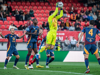 Mile Svilar, AS Roma goalkeeper, plays during the Serie A match between Monza and AS Roma at U-Power Stadium in Monza, Italy, on October 6,...