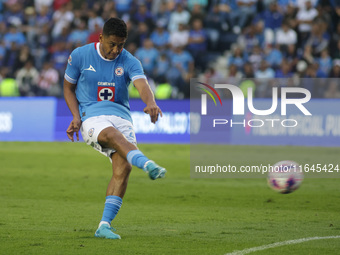 Luis Romo #27 of Cruz Azul shoots the ball during the 11th round match of the Torneo de Apertura 2024 as part of the Liga MX between Club Ne...