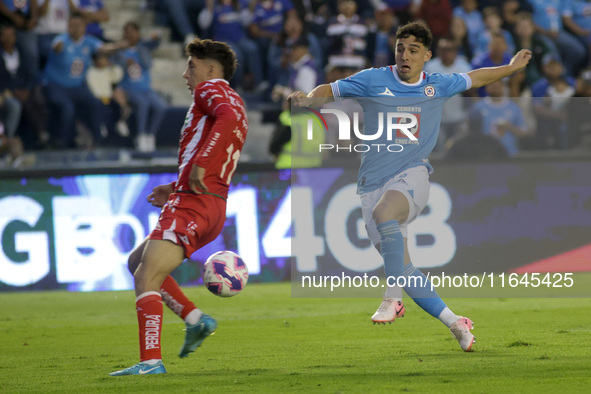 Lorenzo Faravelli #8 of Cruz Azul shoots the ball during the 11th round match of the Torneo de Apertura 2024 as part of the Liga MX between...