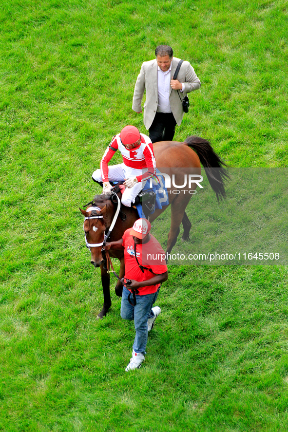 Jockey Sahin Civaci rides Bowman's Run to the winner's circle with trainer Kevin Attard following after the second race at Woodbine Racetrac...