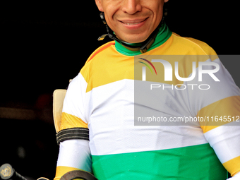 Jockey Jose Campos leaves the paddock ahead of the third race at Woodbine Racetrack in Toronto, Canada, on October 6, 2024. (