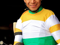 Jockey Jose Campos leaves the paddock ahead of the third race at Woodbine Racetrack in Toronto, Canada, on October 6, 2024. (