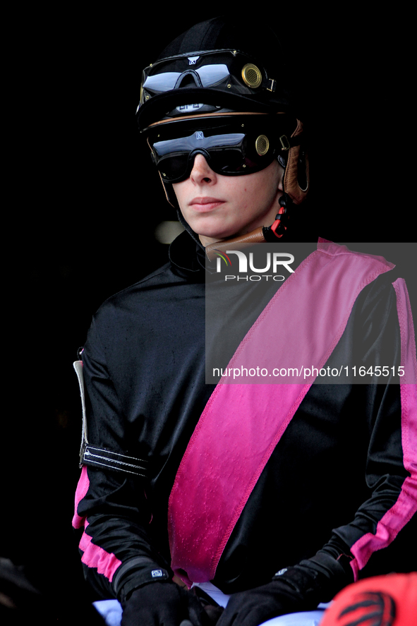 Jockey Sofia Vives leaves the paddock ahead of the third race at Woodbine Racetrack in Toronto, Canada, on October 6, 2024. 