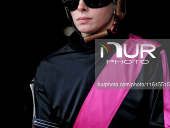 Jockey Sofia Vives leaves the paddock ahead of the third race at Woodbine Racetrack in Toronto, Canada, on October 6, 2024. (