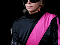 Jockey Sofia Vives leaves the paddock ahead of the third race at Woodbine Racetrack in Toronto, Canada, on October 6, 2024. (