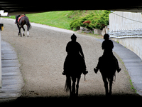 A pair of outriders is silhouetted as they ride to the track ahead of a race at Woodbine Racetrack in Toronto, Canada, on October 6, 2024. (