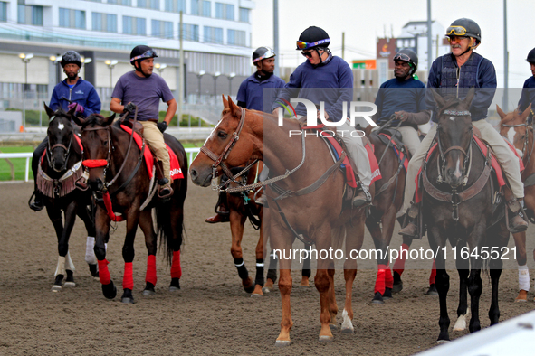 Outriders gather on the track after a race at Woodbine Racetrack in Toronto, Canada, on October 6, 2024. 