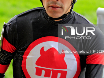 Jockey Eswan Flores leaves the winner's circle after riding Shadow Realm to a win in the fifth race at Woodbine Racetrack in Toronto, Canada...