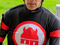 Jockey Eswan Flores leaves the winner's circle after riding Shadow Realm to a win in the fifth race at Woodbine Racetrack in Toronto, Canada...