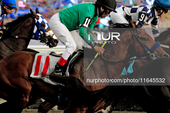 Jockey Carl Defreitas rides Mohaymen Diamond in the sixth race at Woodbine Racetrack in Toronto, Canada, on October 6, 2024. 