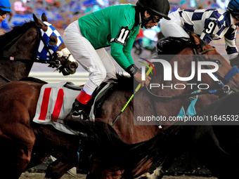 Jockey Carl Defreitas rides Mohaymen Diamond in the sixth race at Woodbine Racetrack in Toronto, Canada, on October 6, 2024. (