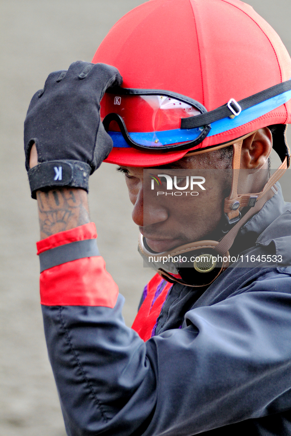 Jockey Da-Sean Gaskin exits the track following the sixth race at Woodbine Racetrack in Toronto, Canada, on October 6, 2024. 