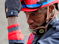 Jockey Da-Sean Gaskin exits the track following the sixth race at Woodbine Racetrack in Toronto, Canada, on October 6, 2024. (