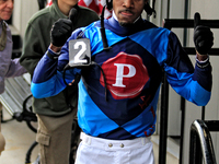 Jockey Keveh Nicholls gives the thumbs up after a win in the sixth race at Woodbine Racetrack in Toronto, Canada, on October 6, 2024. (