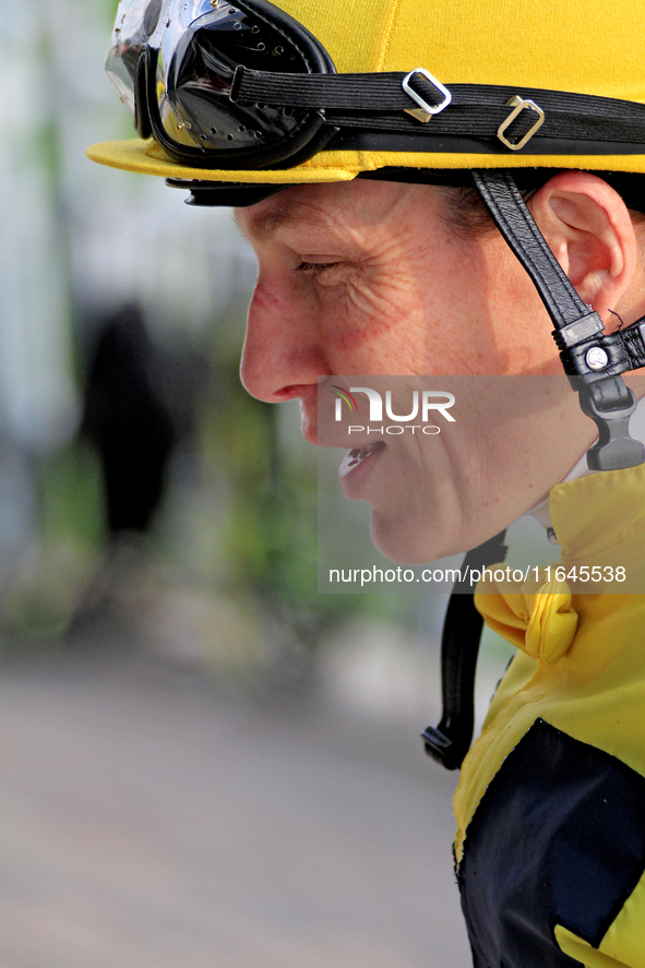 Jockey Emma-Jayne Wilson leaves the track after the seventh race at Woodbine Racetrack in Toronto, Canada, on October 6, 2024. 