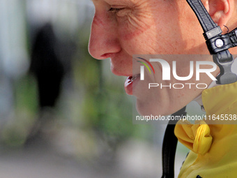 Jockey Emma-Jayne Wilson leaves the track after the seventh race at Woodbine Racetrack in Toronto, Canada, on October 6, 2024. (