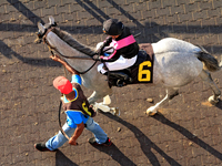 Jockey Sofia Vives rides Exude to the track ahead of the eighth race at Woodbine Racetrack in Toronto, Canada, on October 6, 2024. (