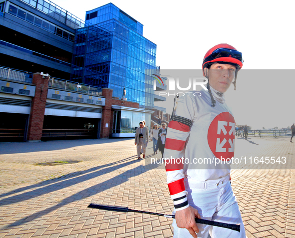 Jockey Emma-Jayne Wilson walks to the walking ring ahead of the 87th running of the $250,000 Cup & Saucer Stakes race at Woodbine Racetrack...