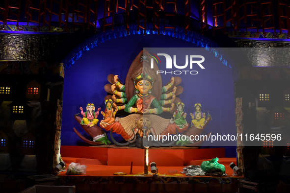 An idol of Goddess Durga is seen at a temporary place of worship or Pandal in Habra, India, on October 6, 2024, during the Durga Puja festiv...