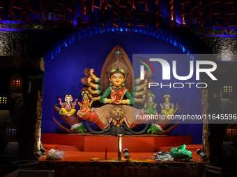 An idol of Goddess Durga is seen at a temporary place of worship or Pandal in Habra, India, on October 6, 2024, during the Durga Puja festiv...