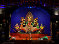 An idol of Goddess Durga is seen at a temporary place of worship or Pandal in Habra, India, on October 6, 2024, during the Durga Puja festiv...