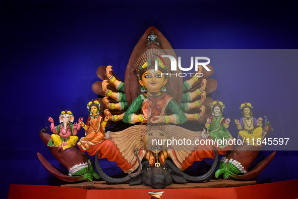 An idol of Goddess Durga is seen at a temporary place of worship or Pandal in Habra, India, on October 6, 2024, during the Durga Puja festiv...